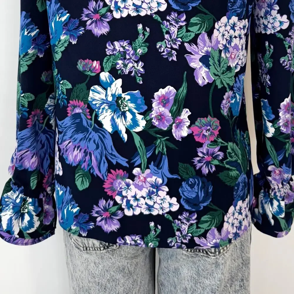 J. Crew Ruffle Neck Long Sleeve Crepe Top Blouse in Blue Floral | XS